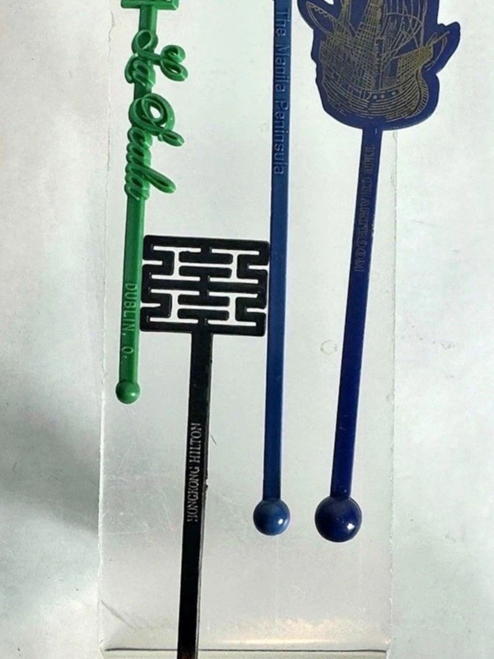 4 Vintage Swizzle Stirrers Travel Theme Toronto Manila Hong Kong Dublin, OH